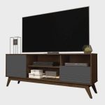 Rack / Bancada kai 1.60m Estilo Retrô com Pés em Madeira Acabamento em Alto Relevo Pintura UV: Amadeirada Laqueado Off White 2 Portas com Dobradiças Cor Cedro /Cinza - Imagem 2