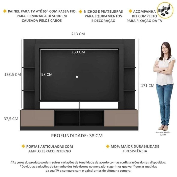 Rack Estante Painel Suporte Tv 65” PretoLaca Fumê - Imagem 4