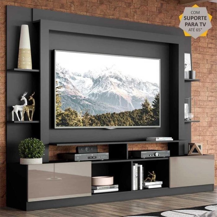 Rack Estante Painel Suporte Tv 65” PretoLaca Fumê - Imagem 1