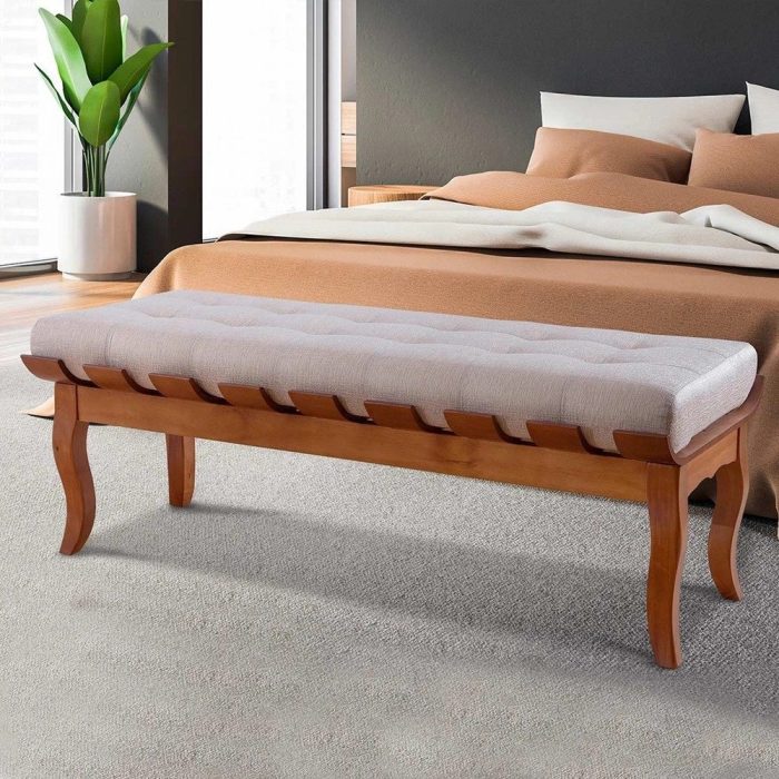 Recamier Decor Isabela 120 Cm Retrô Pés Luiz xv Banco Estofado Madeira Maciça Linho Bege M58 – rmi - Imagem 1