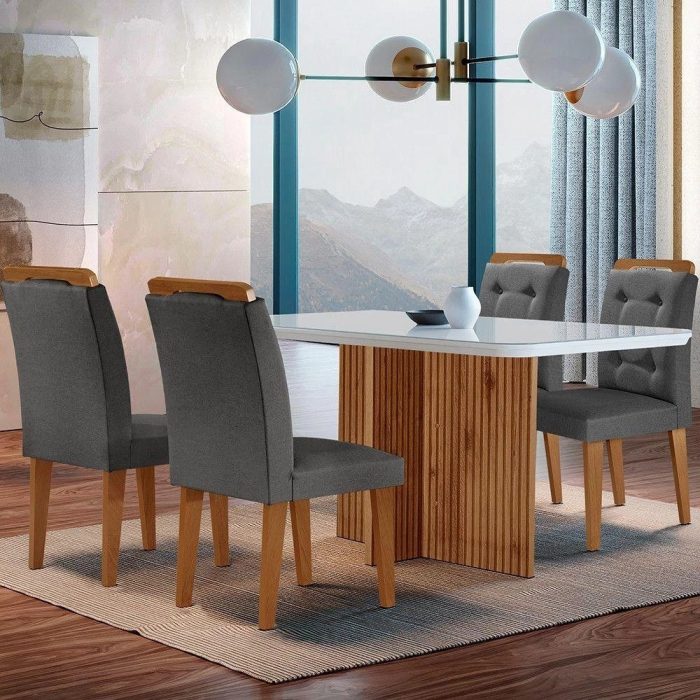 Sala De Jantar Mesa Olímpia 120cm Mdf Vidro Canto Copo Com 4 Cadeiras Grafite, Off White E Imbuia - Imagem 1