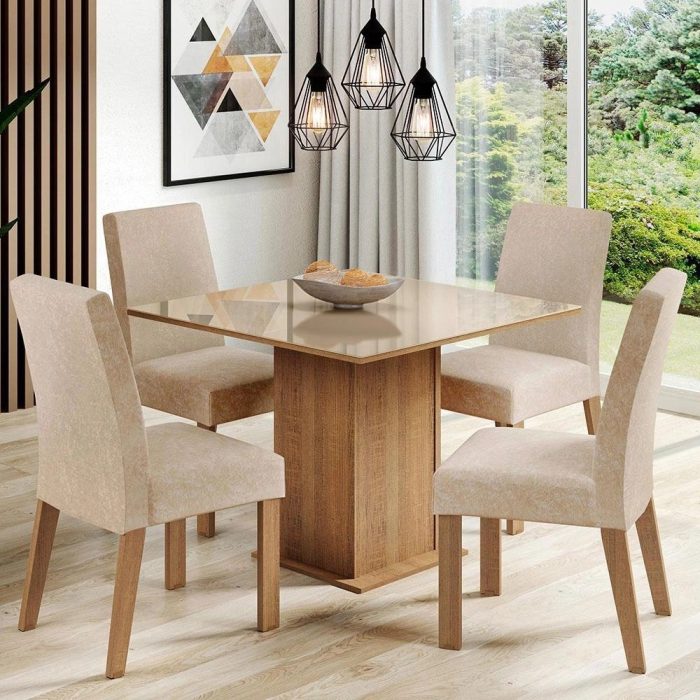 Sala de Jantar Madesa Evelin Mesa Tampo de Vidro com 4 Cadeiras – Rustic/Crema/Imperial - Imagem 1