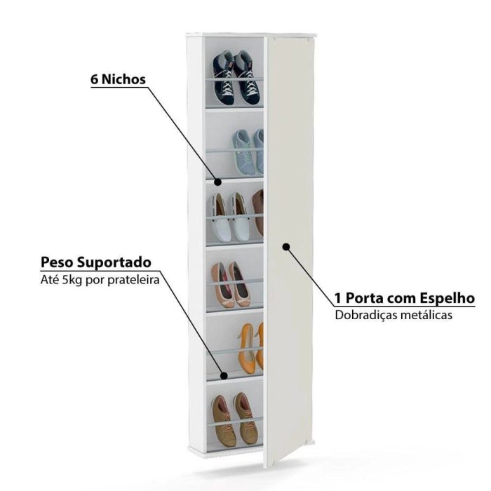 Sapateira Compacta com Espelho e 5 prateleiras para 12 Pares Itabuna – Branco - Imagem 3