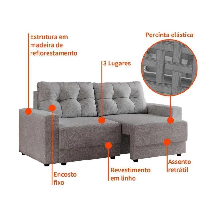 Sofá 3 Lugares Retrátil Lubeck Linho Cinza - Imagem 4