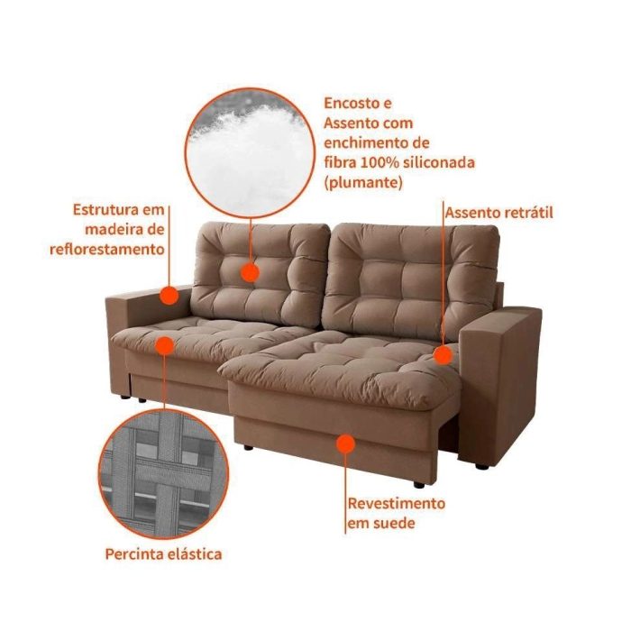 Sofá 3 Lugares Retrátil Lubeck Plush Suede Bege - Imagem 4
