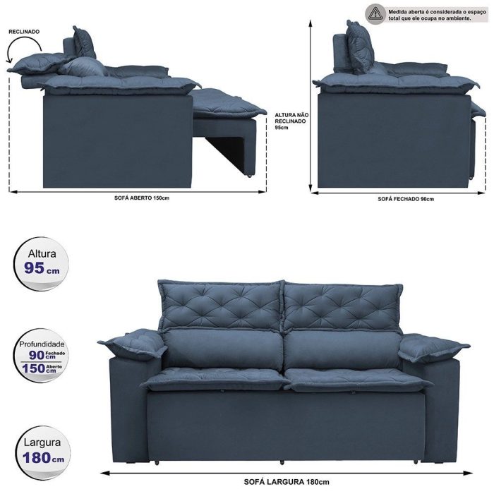 Sofá 3 Lugares Retrátil e Reclinável Cama inBox Compact 1,80m Velusoft Azul - Imagem 2