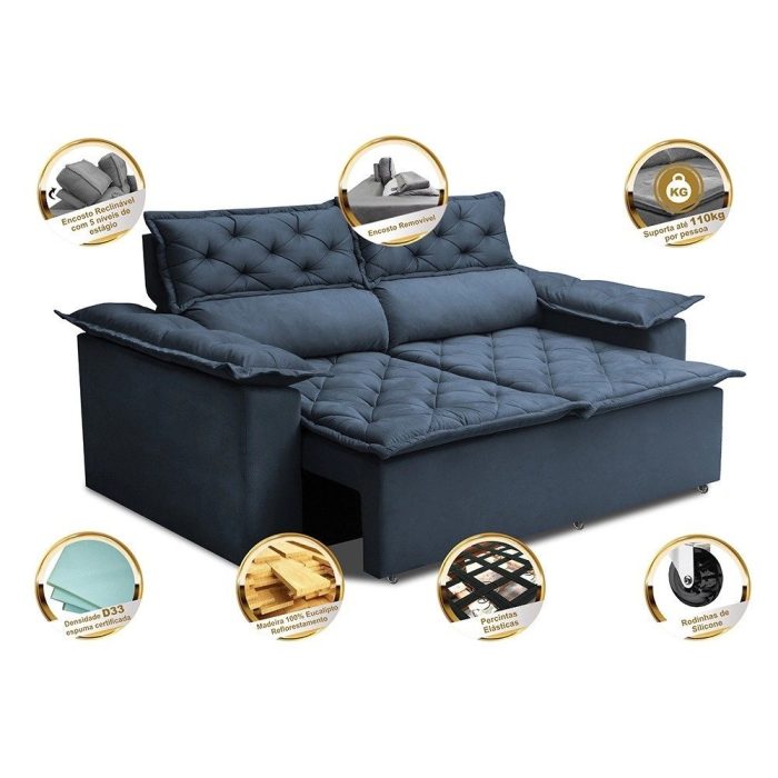 Sofá 3 Lugares Retrátil e Reclinável Cama inBox Compact 1,80m Velusoft Azul - Imagem 3