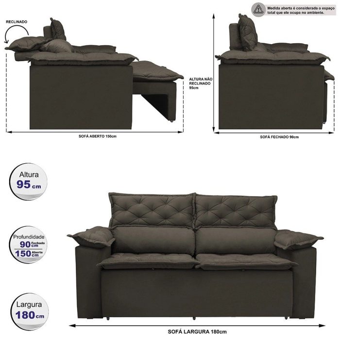 Sofá 3 Lugares Retrátil e Reclinável Cama inBox Compact 1,80m Velusoft Café - Imagem 3