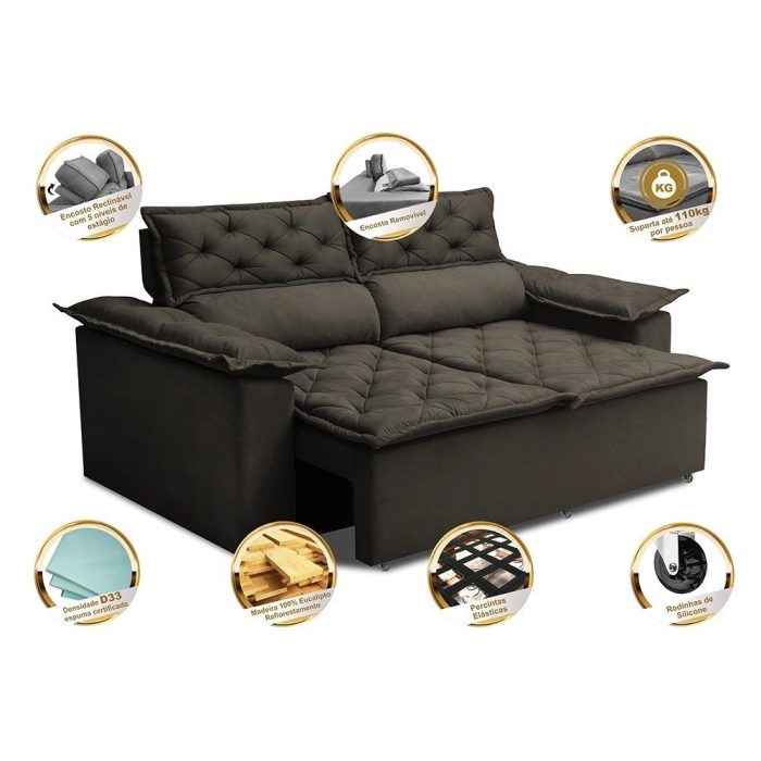 Sofá 3 Lugares Retrátil e Reclinável Cama inBox Compact 1,80m Velusoft Café - Imagem 4