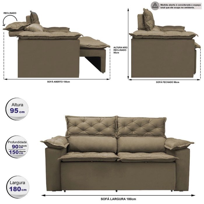 Sofá 3 Lugares Retrátil e Reclinável Cama inBox Compact 1,80m Velusoft Castor - Imagem 2