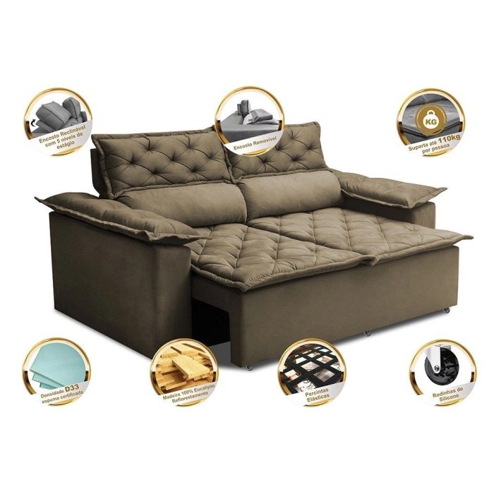 Sofá 3 Lugares Retrátil e Reclinável Cama inBox Compact 1,80m Velusoft Castor - Imagem 3