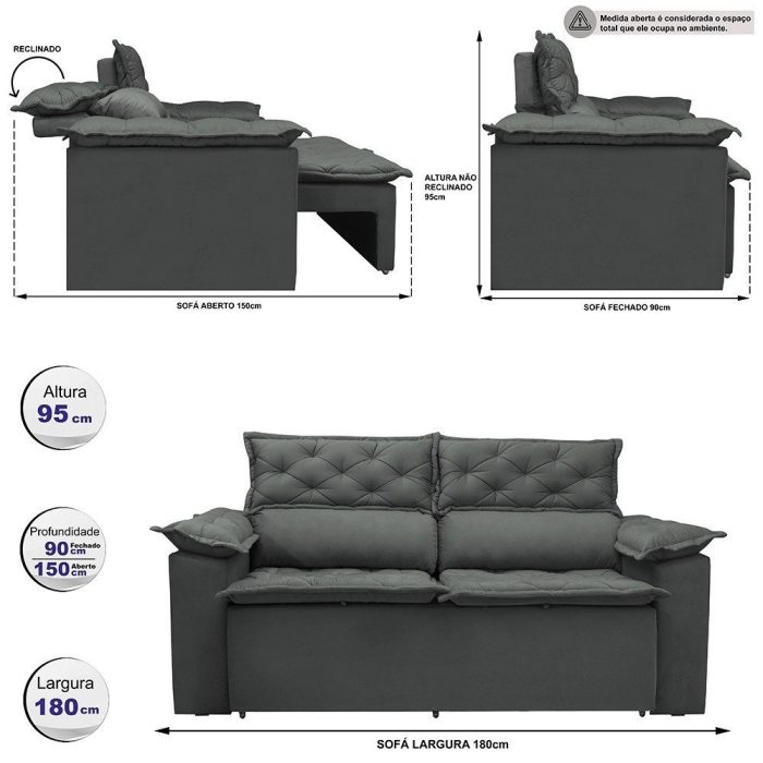 Sofá 3 Lugares Retrátil e Reclinável Cama inBox Compact 1,80m Velusoft Cinza - Imagem 2