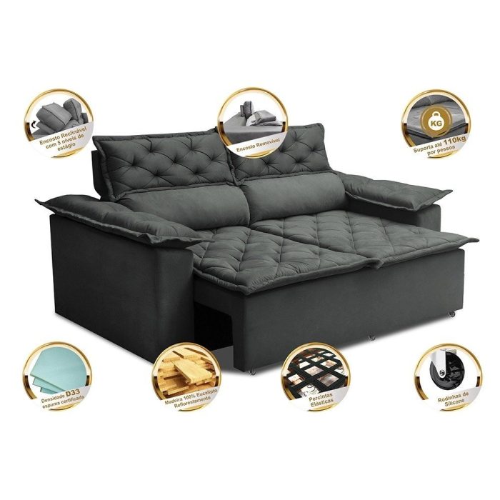 Sofá 3 Lugares Retrátil e Reclinável Cama inBox Compact 1,80m Velusoft Cinza - Imagem 3