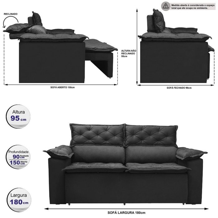 Sofá 3 Lugares Retrátil e Reclinável Cama inBox Compact 1,80m Velusoft Preto - Imagem 2