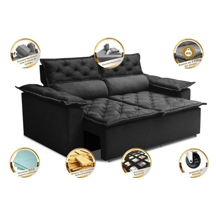 Sofá 3 Lugares Retrátil e Reclinável Cama inBox Compact 1,80m Velusoft Preto - Imagem 3