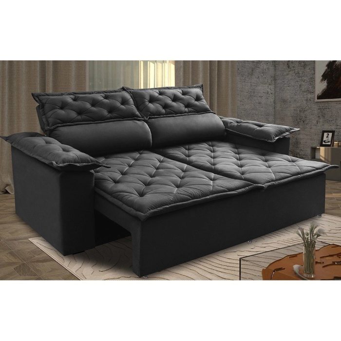Sofá 3 Lugares Retrátil e Reclinável Cama inBox Compact 1,80m Velusoft Preto - Imagem 1
