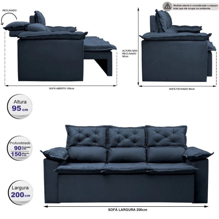 Sofá 3 Lugares Retrátil e Reclinável Cama inBox Compact 2,00m Velusoft Azul - Imagem 2