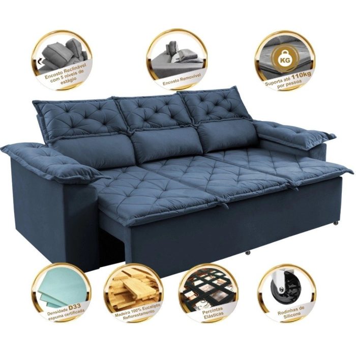 Sofá 3 Lugares Retrátil e Reclinável Cama inBox Compact 2,00m Velusoft Azul - Imagem 3