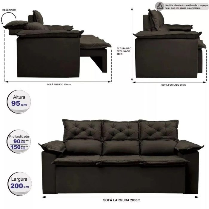 Sofá 3 Lugares Retrátil e Reclinável Cama inBox Compact 2,00m Velusoft Café - Imagem 4