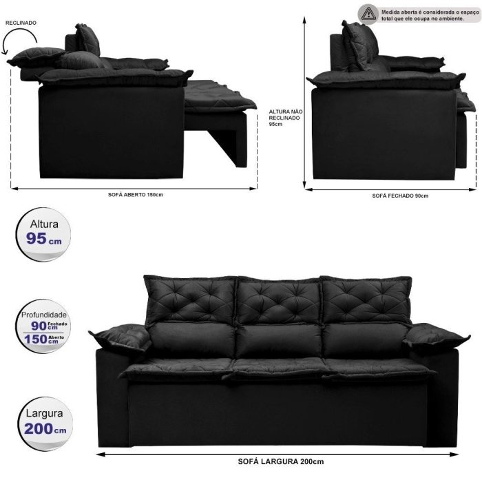 Sofá 3 Lugares Retrátil e Reclinável Cama inBox Compact 2,00m Velusoft Preto - Imagem 2