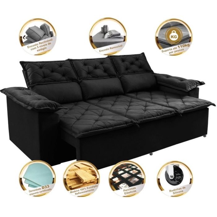 Sofá 3 Lugares Retrátil e Reclinável Cama inBox Compact 2,00m Velusoft Preto - Imagem 3