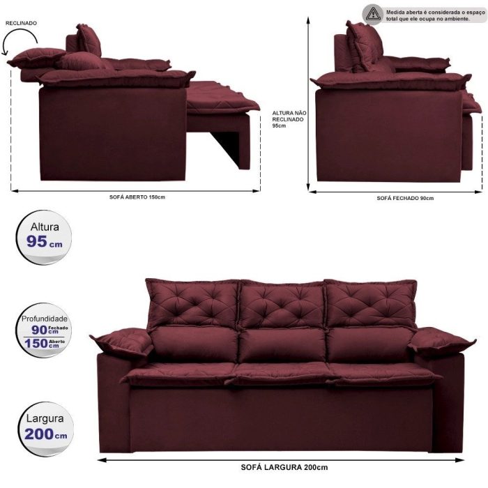 Sofá 3 Lugares Retrátil e Reclinável Cama inBox Compact 2,00m Velusoft Vinho - Imagem 2