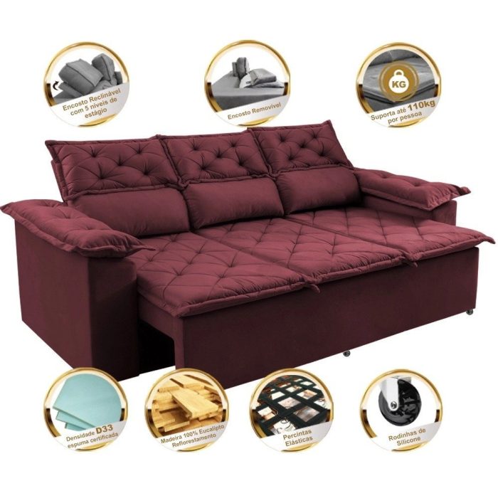 Sofá 3 Lugares Retrátil e Reclinável Cama inBox Compact 2,00m Velusoft Vinho - Imagem 3