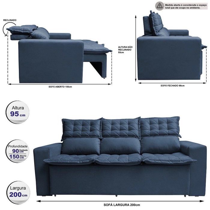 Sofá 3 Lugares Retrátil e Reclinável Cama inBox Slim 2,00m Velusoft Azul - Imagem 2
