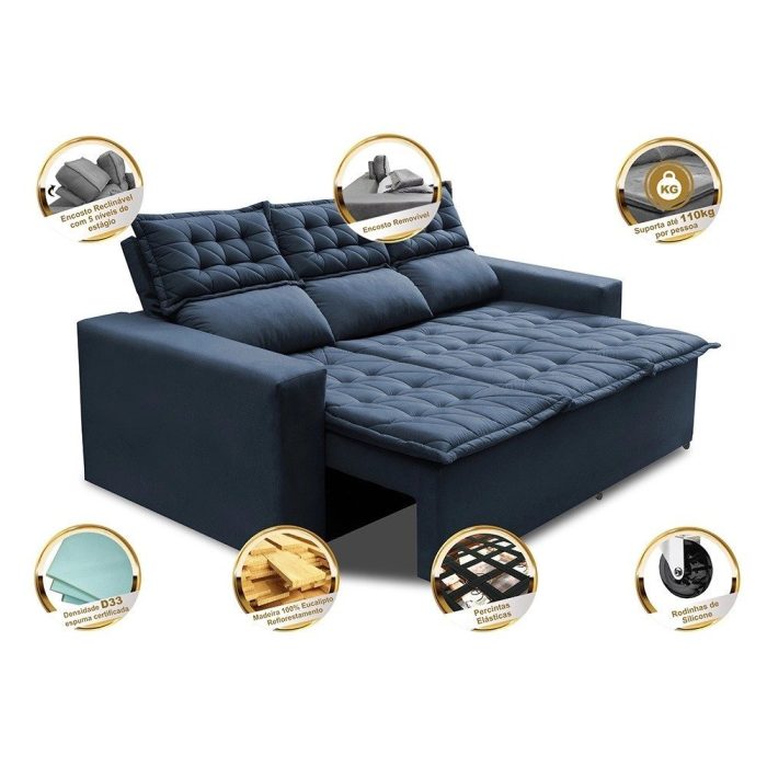 Sofá 3 Lugares Retrátil e Reclinável Cama inBox Slim 2,00m Velusoft Azul - Imagem 3