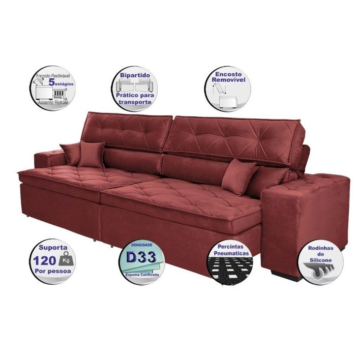 Sofá Austin 2,62m Retrátil, Reclinável com Molas no Assento e Almofadas, Suede Vermelho Cama inBox - Imagem 2