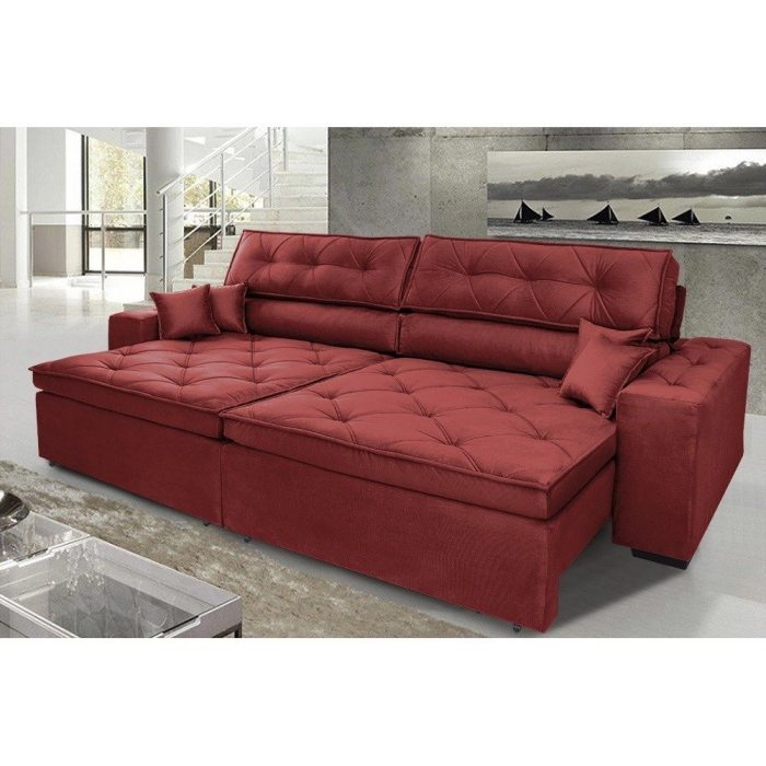 Sofá Austin 2,62m Retrátil, Reclinável com Molas no Assento e Almofadas, Suede Vermelho Cama inBox - Imagem 1