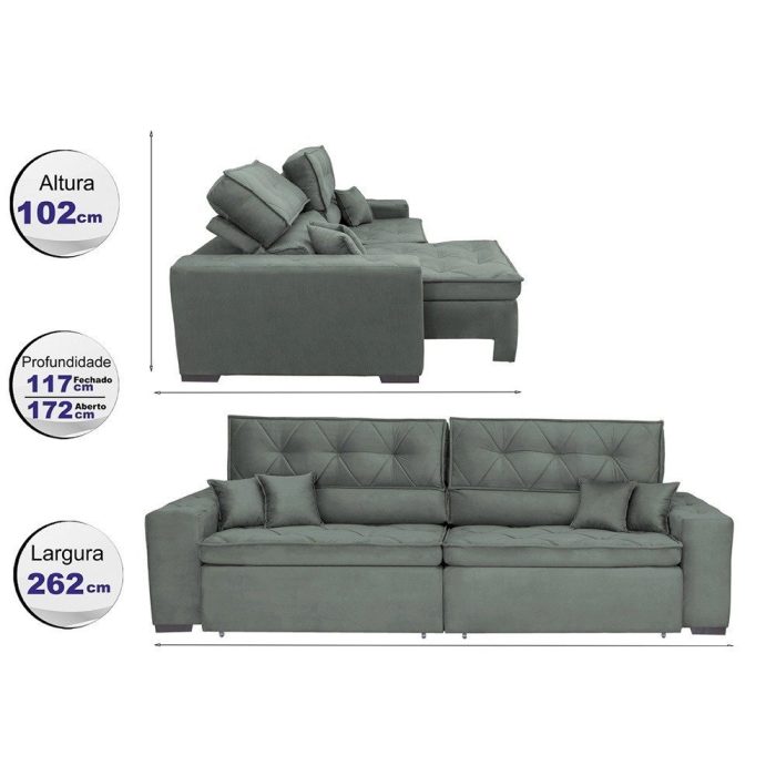 Sofá Austin 2,62m Retrátil, Reclinável com Molas no Assento e Almofadas, Tecido Suede Grafite - Imagem 2