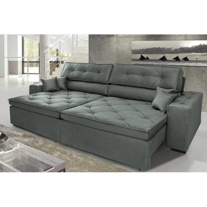 Sofá Austin 2,62m Retrátil, Reclinável com Molas no Assento e Almofadas, Tecido Suede Grafite - Imagem 1