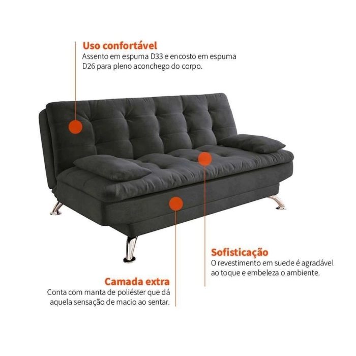 Sofá-Cama 3 Lugares Casal Premium Suede Cinza - Imagem 4
