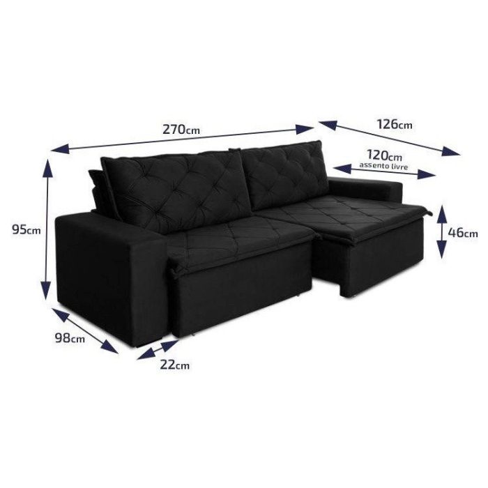 Sofá Cama Retrátil Reclinável 2,70m Bangkok Suede Velut Preto molas no Assento – King House - Imagem 3