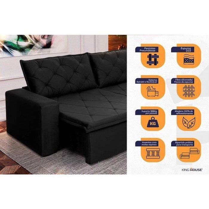 Sofá Cama Retrátil Reclinável 2,70m Bangkok Suede Velut Preto molas no Assento – King House - Imagem 4