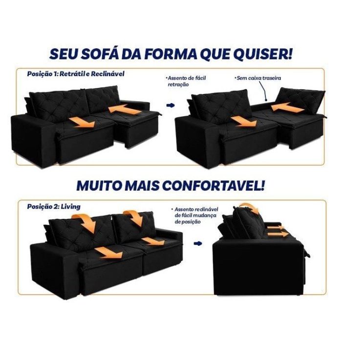 Sofá Cama Retrátil Reclinável 2,70m Bangkok Suede Velut Preto molas no Assento – King House - Imagem 5