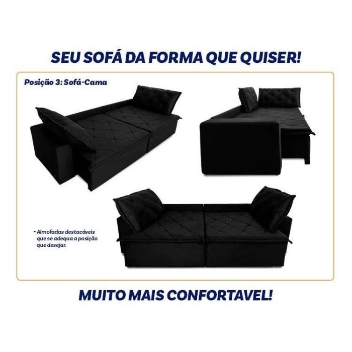 Sofá Cama Retrátil Reclinável 2,70m Bangkok Suede Velut Preto molas no Assento – King House - Imagem 2