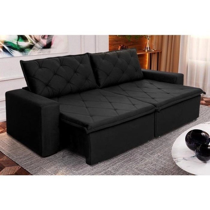 Sofá Cama Retrátil Reclinável 2,70m Bangkok Suede Velut Preto molas no Assento – King House - Imagem 1