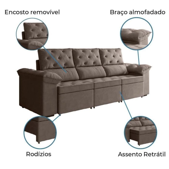 Sofá Retrátil 3 Lugares 2,10M York Suede Marrom Marrom - Imagem 3