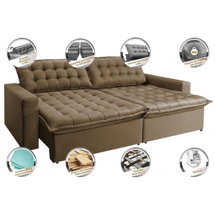 Sofá Retrátil Reclinável E Cama 2,75m Cama Inbox Flex Suede Velusoft Castor - Imagem 3