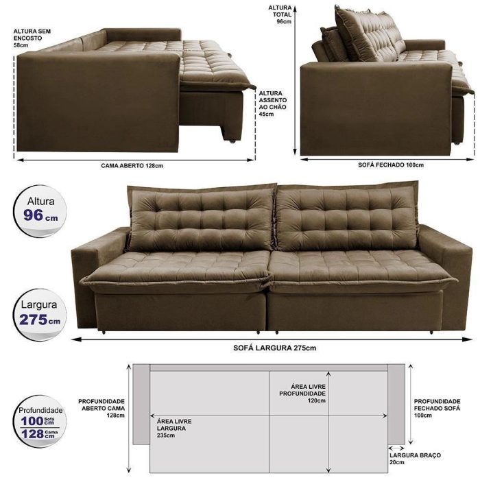Sofá Retrátil Reclinável E Cama 2,75m Cama Inbox Flex Suede Velusoft Castor - Imagem 4