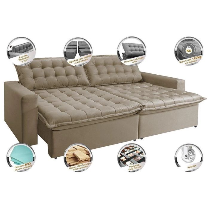 Sofá Retrátil Reclinável E Cama 2,95m Cama Inbox Flex Suede Velusoft Bege - Imagem 3