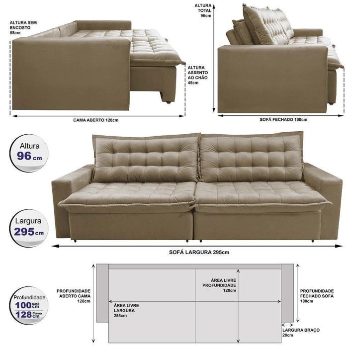 Sofá Retrátil Reclinável E Cama 2,95m Cama Inbox Flex Suede Velusoft Bege - Imagem 4