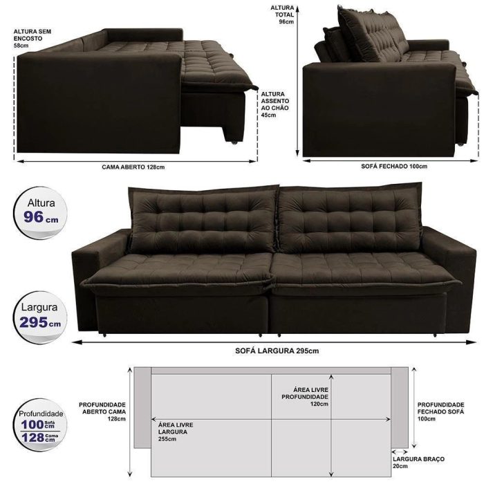 Sofá Retrátil Reclinável E Cama 2,95m Cama Inbox Flex Suede Velusoft Café - Imagem 4