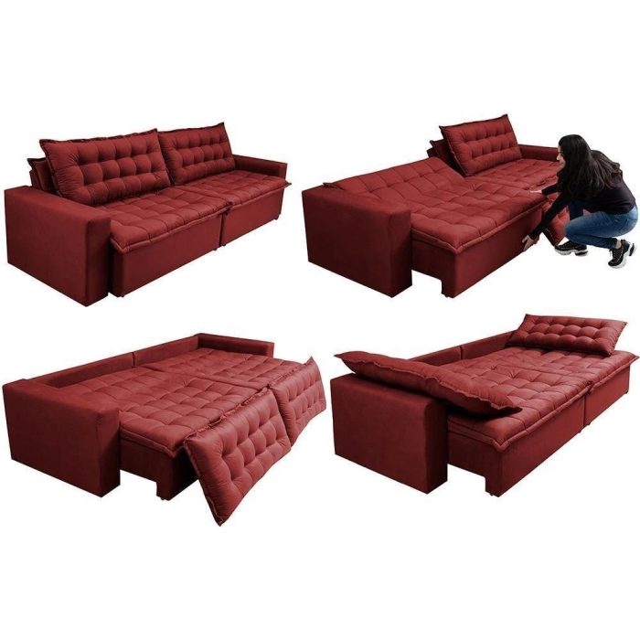 Sofá Retrátil Reclinável E Cama 2,95m Cama Inbox Flex Suede Velusoft Vermelho - Imagem 2