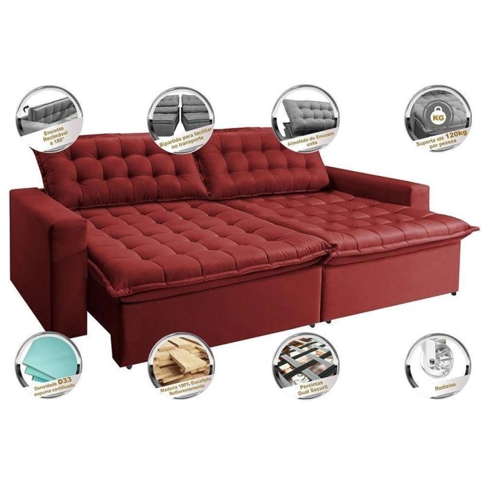 Sofá Retrátil Reclinável E Cama 2,95m Cama Inbox Flex Suede Velusoft Vermelho - Imagem 3