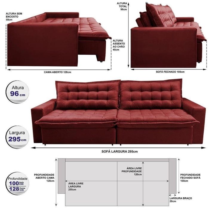 Sofá Retrátil Reclinável E Cama 2,95m Cama Inbox Flex Suede Velusoft Vermelho - Imagem 4