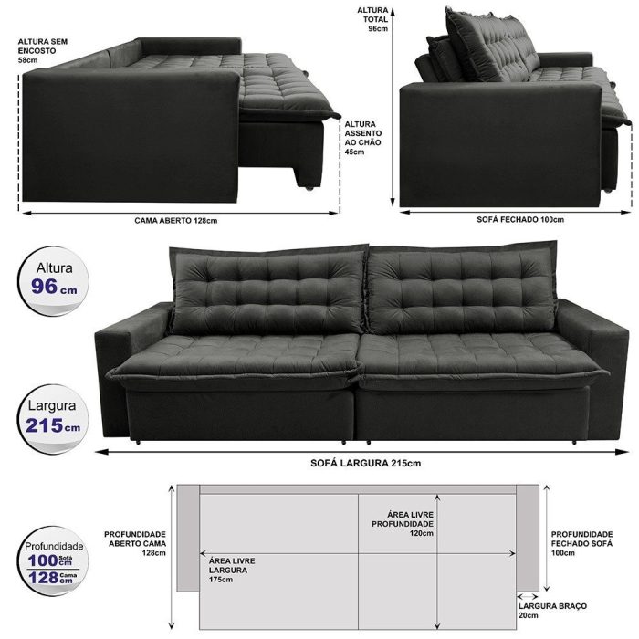 Sofá Retrátil Reclinável e Cama 2,15m Cama inBox Flex Suede Velusoft Cinza - Imagem 3