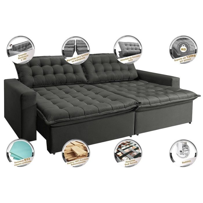 Sofá Retrátil Reclinável e Cama 2,15m Cama inBox Flex Suede Velusoft Cinza - Imagem 4